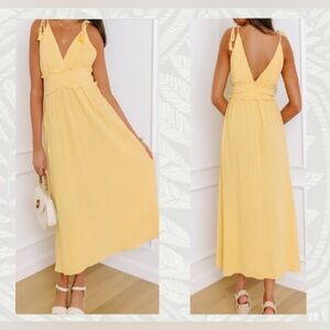 Pastel Yellow Sleeveless Maxi Dress - Lightweight; V-Neck; Smock Waist: Medium